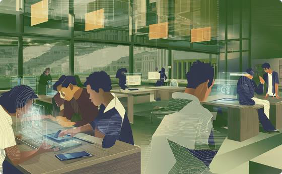 Portfolio illustration of a collaborative innovation and education technology center